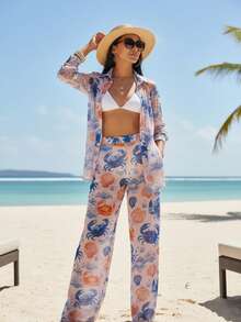 Pearl Beach Cover-Up - Shirt And Adjustable Tulle Pants Set | Summer 2026 - Resort Fashion Blogger Style - Crab - View 2