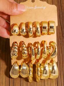 6-18pcs Women's Fashion Metal Textured Earring Set, European And American Retro Luxury, Including Hoop Earrings, Bamboo Joint Earrings, And Shell Texture Earrings, Suitable For Various Outfits - Multicolor - View 6