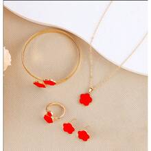 1件套韩式优雅五瓣花首饰套装，珐琅幸运花项链/耳环/手链/手镯/开口戒指，甜美女孩礼物 - 彩色 - 查看 16