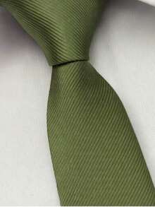Men's Slim Tie With Striped Detail, Multi-Purpose Style, For Weddings, Groomsmen, And Social Events. - 橄欖綠 - 查看 4