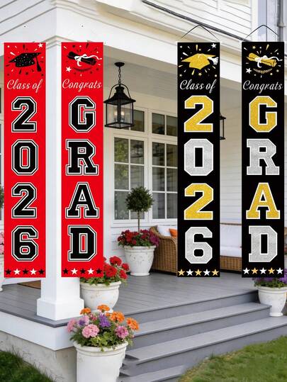 2个“2026届”毕业典礼门挂牌，“祝贺毕业生”字样，尺寸30 x 180厘米，聚酯纤维材质，适合室内或室外墙面悬挂，适用于2026年高中和大学毕业典礼。