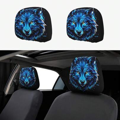 2pcs Blue Wolf Car Headrest Covers - Fits All Models, No Filling Design, Easy Installation - Funny Car Interior Decor For Male/Female Drivers/Passengers - Durable Fabric Car Seat Headrest Protectors With Eye-Catching Print