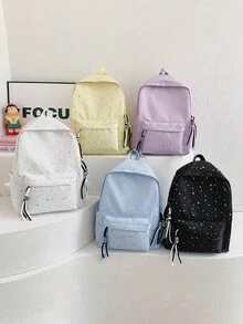 1个亮片星形尼龙面料多口袋休闲背包，拉链封口，适合青少年、上学和日常使用，四季皆宜。 - A - 查看 1