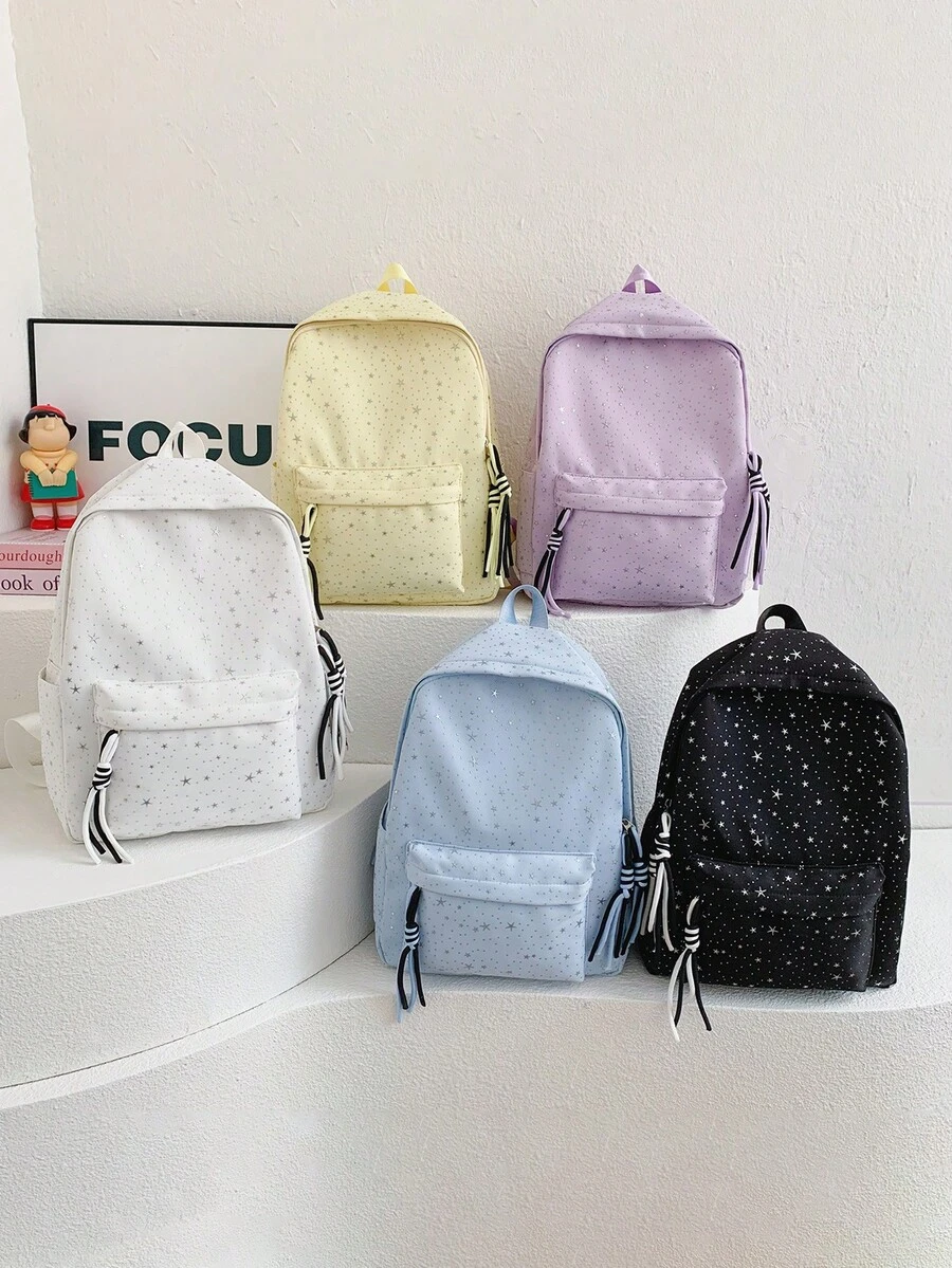 1个亮片星形尼龙面料多口袋休闲背包，拉链封口，适合青少年、上学和日常使用，四季皆宜。 - A - 查看 1