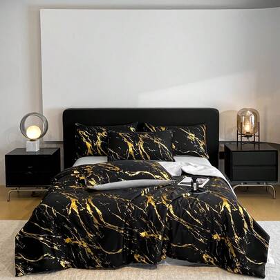 1件极简主义大理石纹箔水洗桑蚕丝轻盈透气柔软夏季被子，可机洗，适合卧室和客房四季使用（不含枕头和枕套）