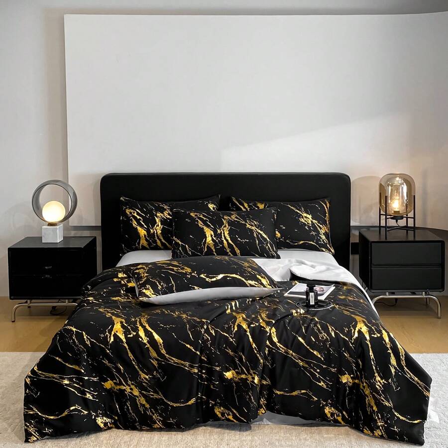 1件极简主义大理石纹箔水洗桑蚕丝轻盈透气柔软夏季被子，可机洗，适合卧室和客房四季使用（不含枕头和枕套） - 流金-墨黑 - 查看 1