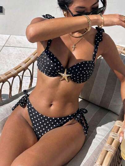  LUCKY HOLIDAY 2026 New Retro Black Polka Dot Print Gathered Wide Strap Tie-Up Metal Star Decor Bikini Two Pieces Set, Women Summer Beach Holiday Two Pieces Swimwear Vacation