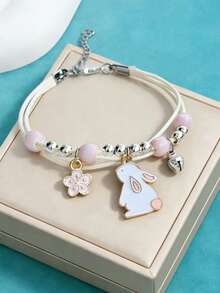 1pc Cute Rabbit Bracelet, Delicate Flower Rabbit Pendant Beaded Bracelet, Party Jewelry Gift For Teens, Girls Accessories - Style 1 - View 2