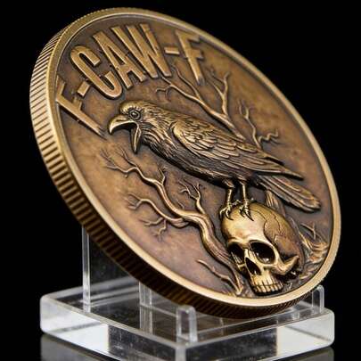 1 pieza Moneda conmemorativa de cráneo de cuervo, réplica de moneda de oro, accesorio de disfraz, colección personalizada, accesorio de ropa de estilo oscuro o recuerdo temático