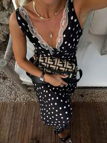 Women's Sleeveless Polka Dot Dress, V-Neck Lace Trim Woven Fabric, Non-Stretch Flowy Long Dress, Summer Dress, Summer Polka Dot Dress, Vacation Dress - Black and White - View 2