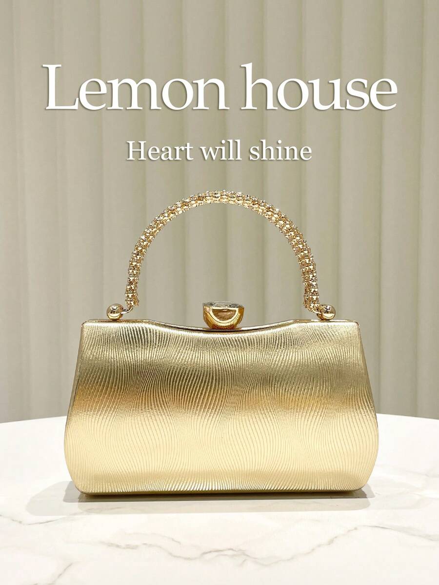1 chiếc túi xách dạ hội sang trọng màu vàng ánh kim với họa tiết lượn sóng, kiểu dáng thời trang thanh lịch, phù hợp cho các sự kiện trang trọng, đám cưới, tiệc tùng, lễ hội, ngày Valentine. - Vàng - Xem 1