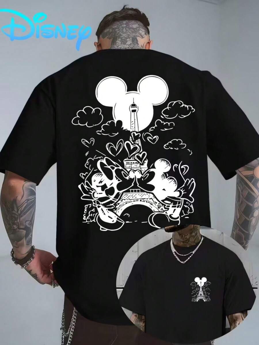 Disney Authorized-Mickey Mouse And Eiffel Tower Printed Men's T-Shirts, T-Shirts With Short Sleeves, Breathable And Lightweight, Fashionable Street Clothes And Men's Sports Tops. - Black - View 1