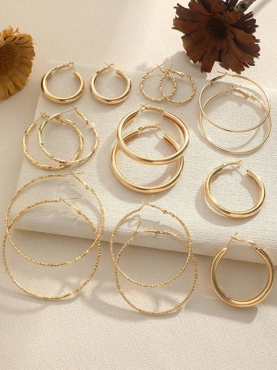 8Pairs Gold Metallic Big Hoop Earrings Set Exaggerated Circle Statement Jewelry For Women Casual Date Night Gift - 金色 - 查看 1