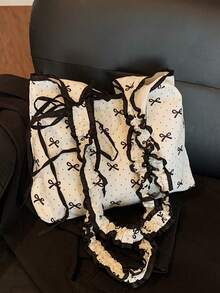 Niche Polka Dot Canvas Bag With Bow Detail, Sweet And Girly Style, Drawstring And Pleats, Suitable For Everyday Student Commuting, Shoulder Bag. - White - View 8