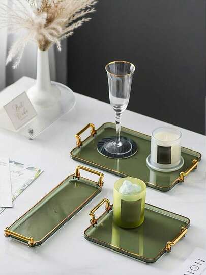 1pc Luxury Square Tray With Gold Rim, Transparent Plastic Tray, Fruit Plate, Multi-Size High-End Exquisite Tray, Elegant For Home, Beauty Salon, Living Room, Kitchen, Bedroom, Cosmetics Storage