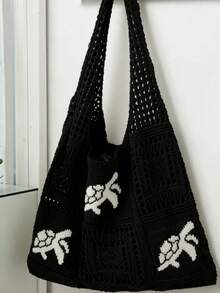 Women's Summer Beach Tote Bag Crochet Design With Sea Turtle Pattern Large Capacity Open Top Tote Beige Polyester Spacious Tote Bag Woven Texture Bohemian Fashion Travel Accessory Beach Bag For Women Vacation Essentials Back To School Bohemian Outfit For Women - Multicolor - View 15