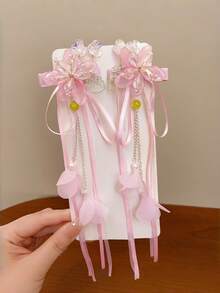 1对女士汉服发夹，水晶花朵复古丝带发夹，优雅中国风公主服饰配饰 - 彩色 - 查看 8