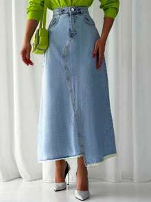 Asymmetric Hem Loose Pockets Patchwork Frayed Hem Casual Denim Midi Skirt Spring - Light Wash - View 6