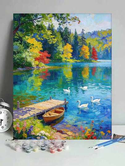 色彩斑斓的湖光山色，天鹅与小船，DIY数字油画，帆布画工艺品，成人家居装饰，40x50厘米/16x20英寸，节日礼物