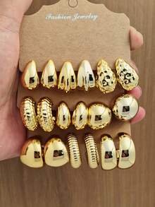 6/18pcs Gold Tone Earring Set - Featuring Distinctive Spiral And Ruffle C-Shaped Hoops, Paired With Glossy Dome And Teardrop Stud Earrings, Versatile Jewelry For Daily Wear And Parties - Multicolor - View 1