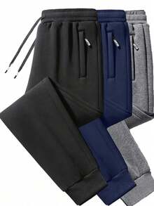 Men's Loose Casual Sports Pants, Soft Fabric, Side Zipper Pockets, Drawstring Waist, Solid Color, All-Season Outdoor Pants - Black - View 1