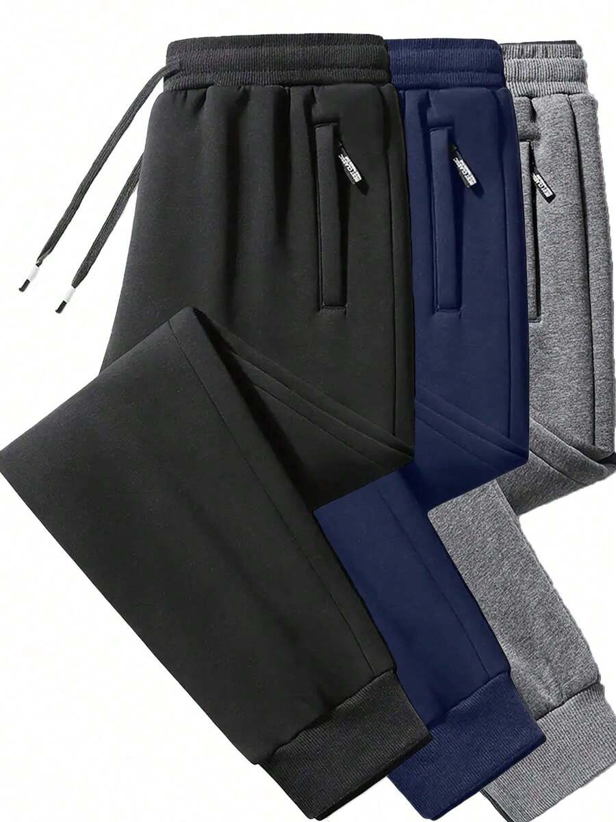 Men's Loose Casual Sports Pants, Soft Fabric, Side Zipper Pockets, Drawstring Waist, Solid Color, All-Season Outdoor Pants - Black - View 1