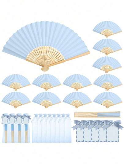 3/18/36pcs Blue Series Wedding Gift Fan Set, Ladies Folding Fan, Green Bowknot Fan, Transparent Drawstring Bag, Wedding Party Decor, Suitable For Bride Gift Party, Birthday Party Favors, Bridesmaid Photo Props, Summer Fan, Events And Party Supplies, Multi-Pack Party Favor Bags, 1pc