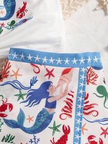 Conjunto de camiseta con estampado de sirena con volantes y parches y falda corta con estampado de océano, estilo casual de vacaciones para niñas pequeñas - Blanco - Ver 7