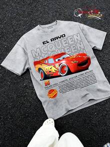 Disney Cars  Racing Graphic T-Shirt, Summer Vintage Washed 230g Heavyweight Short Sleeve - Xám - Xem 1