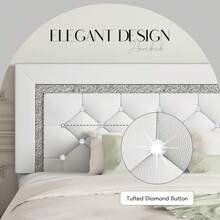 Twin/ Full/ Queen/ King Size Bed Frame, Upholstered Bed Frame With Diamond Headboard And Footboard, Pearl White/ Beige/ Black/ Grey/ Pink/ Purple/ Green - 白色 - 查看 3