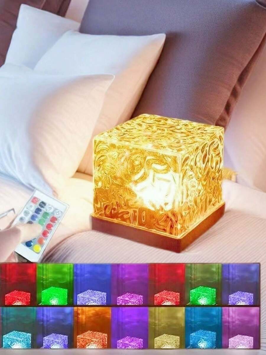 1pc 16-Color Water Wave Northern Lights Night Light, Square Projection Lamp, Touch/Remote Control, USB Powered, Suitable For Bedroom, Ceiling Decor, Home Theater, Camping, Wedding Party Decoration, Christmas Gift - Multicolor - View 1