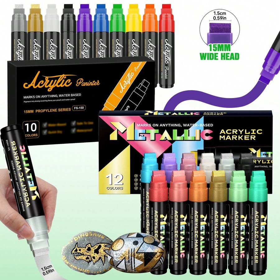 22 Colors (1.5cm/0.59in) Acrylic Paint Markers - 12 Metallic Sheen & 10 Vibrant Colors (10 Colors Single Pack Available) | High Coverage, Large Ink Capacity & Layering Function, Suitable For Bold Graffiti And Art Creation - متعدد الألوان - مشاهدة 1
