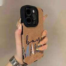 Funda para Diseño de Estampado de Leopardo y Texto "Boy Mom" en Cuero Sintético -Compatible para iPhone17air 1716promax, 16 15pro 14 15PLUS 13 12Pro 11 Pro Max X XSMAX - Marrón - Ver 1