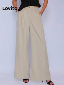 Lovito Calça Reta Cintura Alta Alfaiataria | Social Tecido Premium Versátil Trabalho - Caqui Claro - Visão 4