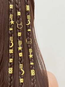 46pcs Women's Braided Hair Rings, Moon & Star Braided Hair Clips, Fashionable & Unique Hair Accessories, Hair Claws, Hair Slide, Hair Barrettes - Gold - View 5