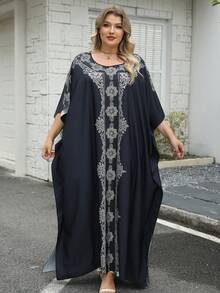 1pc Plus Size Women's Middle Eastern Style Casual Round Neck Printed Loose Robe With Side Slit, Suitable For Beach & Holiday Spring - Navy Blue - View 1