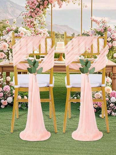 10/2件套优雅粉色薄纱椅背帘，婚礼薄纱椅背装饰带套装；婚礼仪式装饰悬挂配件，婚礼宾客桌椅装饰，新人椅背薄纱，订婚派对惊喜装饰，婚礼活动装饰品，教堂婚礼仪式椅面帷幔，户外婚礼椅背缎带