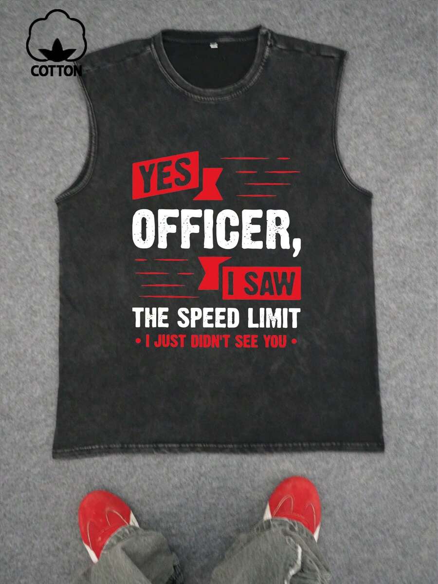 男士大码休闲无袖背心，创意英文印花，都市街头风运动周末装，春夏秋季 - 黑色 - 查看 1