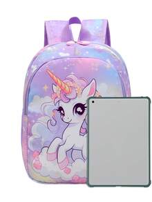 1 pieza Mochila linda con cierre de cremallera de nylon con diseño de unicornio de dibujos animados, adecuada para uso diario - Morado - Ver 3