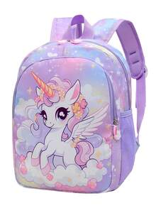 1 pieza Mochila linda con cierre de cremallera de nylon con diseño de unicornio de dibujos animados, adecuada para uso diario - Morado - Ver 11