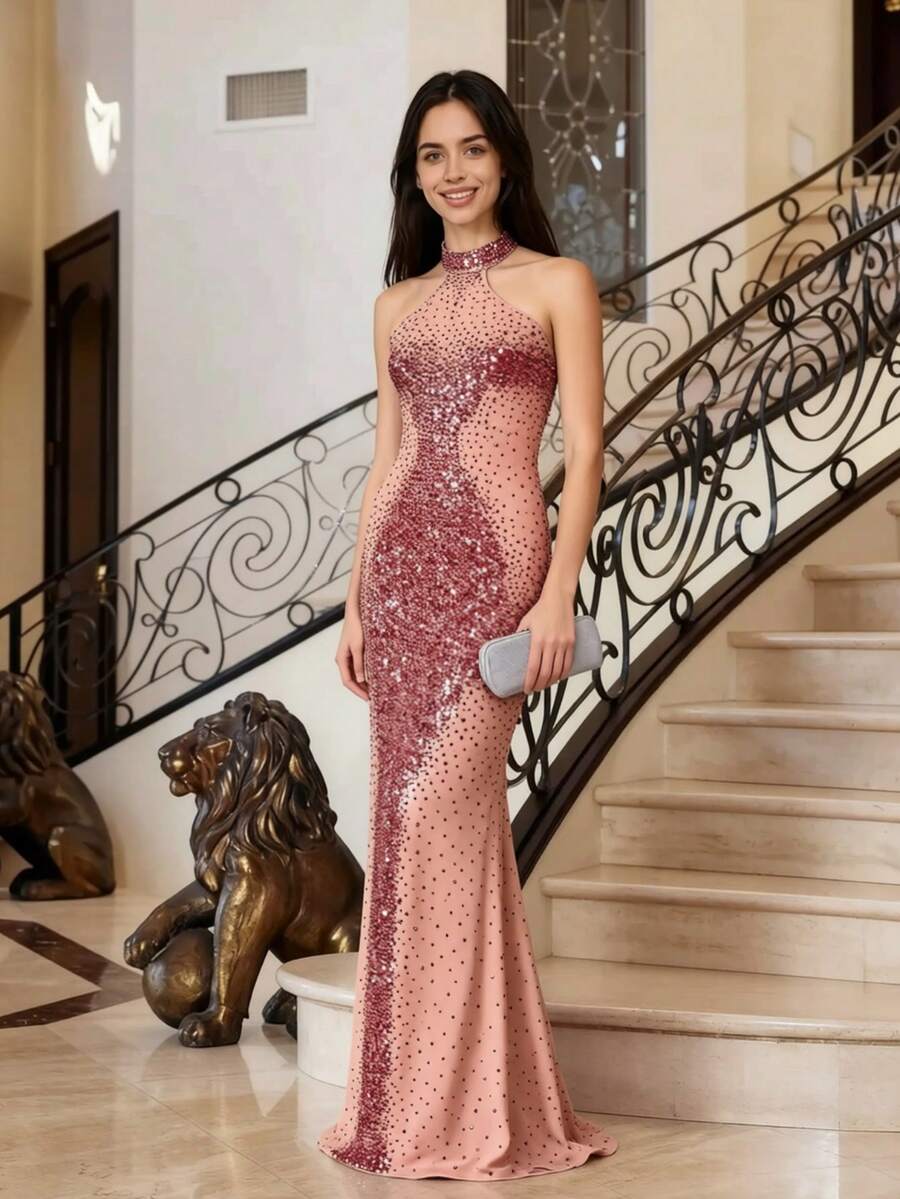 Women's Elegant Sleeveless Sparkling Rhinestone Mesh High Slit Formal Evening Party Dress Spring Wedding - Red - View 1