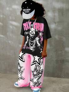2pcs/Set Kids Hip Hop Style Character Print T-Shirt + Ombre Star Wide Leg Pants Street Fashion Outfit - Multicolor - View 5