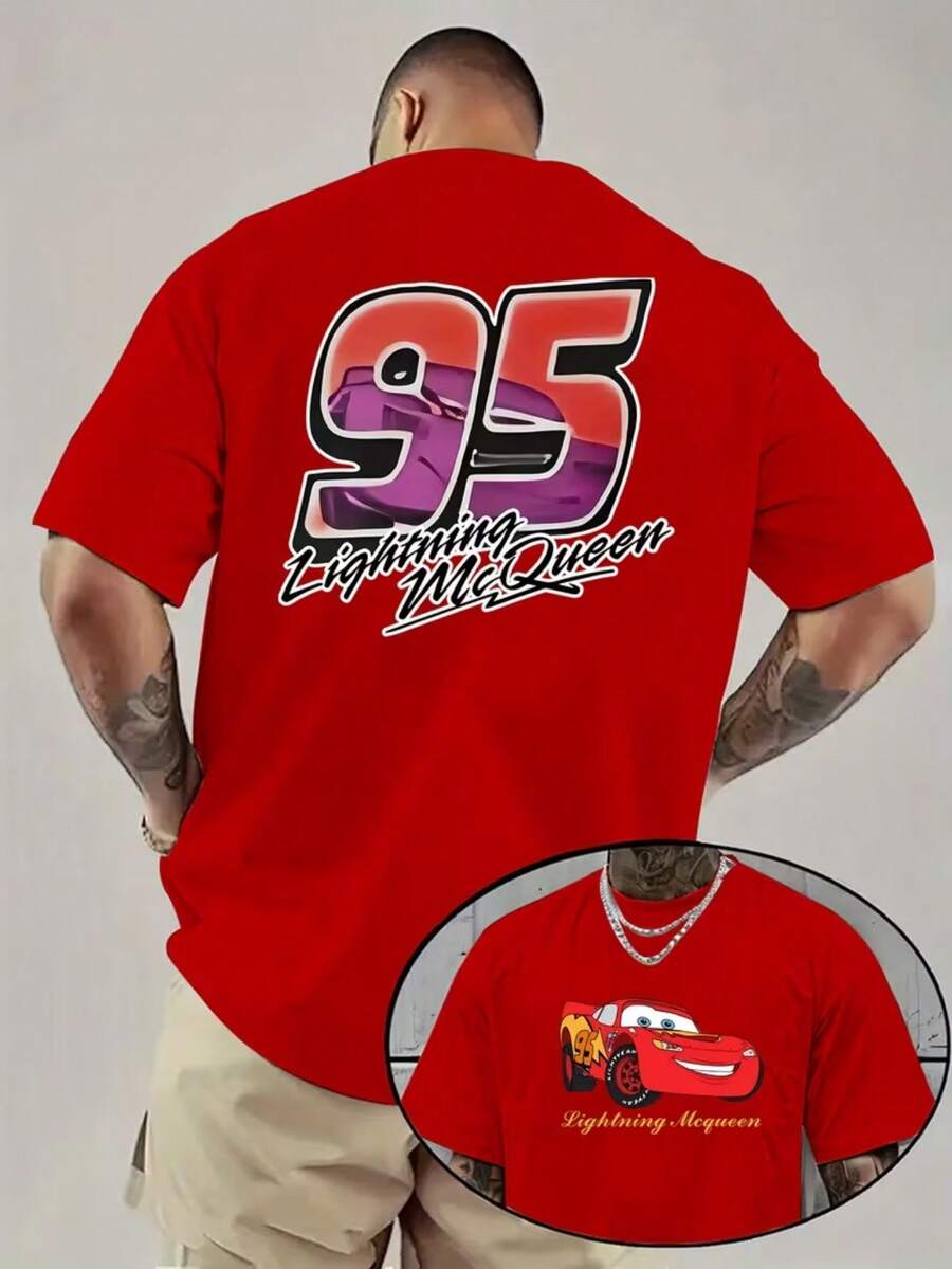 Disney 1pc Men's Cars Lightning McQueen Number 95 Print T-Shirt - Official,New Cartoon Print T-Shirt With Breathable, Moisture-Wicking, Quick-DryMen's Round Neck Shirt, Casual Elegant Comfortable T-Shirt, TeamApparel| Cool Pattern T-Shirt | - Red - View 1