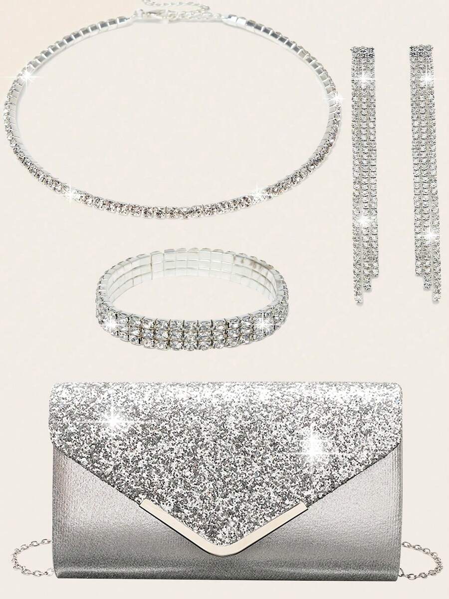LETODE Women's Evening Clutch Bag With Rhinestone Ear Clips, Bridal Wedding Necklace, Bracelet, Dangle Shiny Sequin Handbag