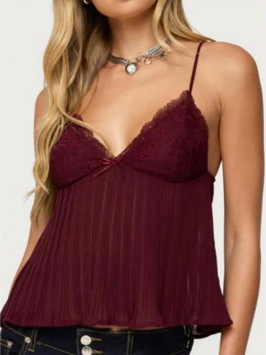 Women Y2k Babydoll Tank Tops Lace Trim V Neck Crop Cami Spaghetti Strap Peplum Top Summer Cute Aesthetic Flowy Shirts - 酒紅色 - 查看 1