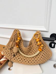 Handmade Open Work Crochet Tote Bag Boho Beech Bag With Wooden Bead Strap Gift For Her - Khaki - View 4