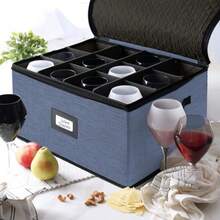 Caja de almacenamiento para copas de vino con divisores paquete de 2 fundas apilables de almacenamiento de vaso servicio de 24 recipientes de almacenamiento de cristalería contenedores acolchados - Azul - Ver 6