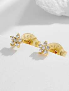 1 Pair S925 Sterling Silver Flower Earrings, Minimalist Fashionable Petite Star Stud Earrings With Diamonds For Women - Yellow - View 8