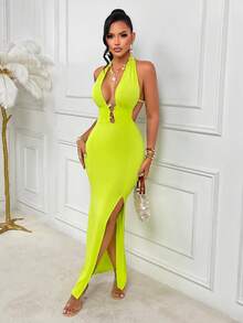 AIJ Women's Sexy Halter Neck Backless Slit Knitted Bodycon Maxi Dress, Elegant Sleeveless For Casual & Party Wear - Yellow - View 3