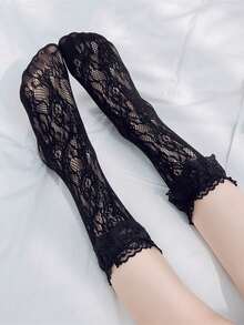 1 Pair Lolita Style Lace Trim Mid-Calf Socks, Fuzzy Mid-Calf Socks, Ankle Socks, Spring/Summer - Black - View 4